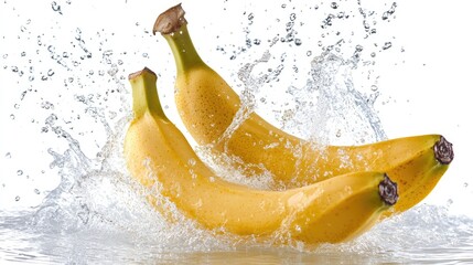 Poster - Bananas splashing in clear water creating dynamic ripples against a white background showcasing freshness and vitality