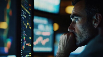 Poster - Focused Male Analyst Observing Stock Market Data on Multiple Screens in a Modern Office Environment with Graphs and Charts Highlighting Financial Trends
