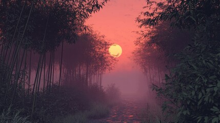 Poster - Serene bamboo forest at sunset with vibrant sky creating a tranquil and mystical atmosphere in nature.