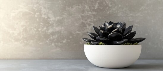 Poster - Black succulent in white pot on minimalist surface with textured wall and empty space for design or text placement