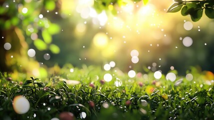 Poster - Enchanting bokeh effect in sunlit forest with lush green grass and shimmering light particles creating a serene natural atmosphere