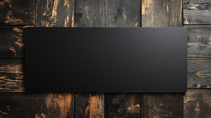 Poster - black rectangular banner mockup on textured rustic wooden background for branding or advertising des