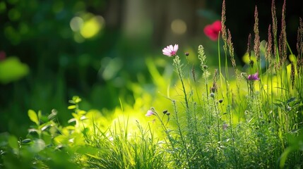 Poster - lush green garden with vibrant wildflowers and soft sunlight creating a serene natural atmosphere fo