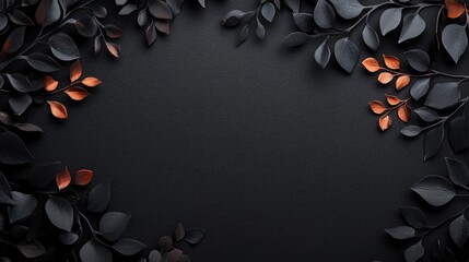 Poster - Elegant Black Textured Cardstock Background Decorated with Dark Leaves and Accents of Copper for Stylish Design Projects