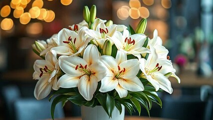 Poster - A vibrant display of white lilies fills a decorative vase on a table in a restaurant. The festive atmosphere is enhanced by soft lighting and a warm ambiance, perfect for a holiday event.