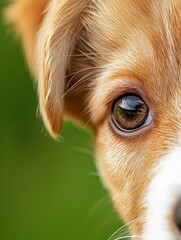 Puppy's Gaze: Close-up of an adorable puppy's expressive brown eyes, soft fur, and a hint of its face peeking from the side against a blurred green background.  The image evokes warmth and innocence.