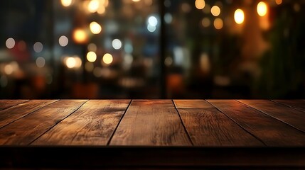 Wall Mural - wooden table in front of abstract blurred background with bokeh lights