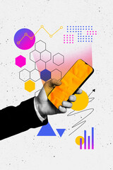 Aufkleber - Template sketch image composite artwork collage of body language showing symbol hand hold smartphone blogging cyberspace remote digital