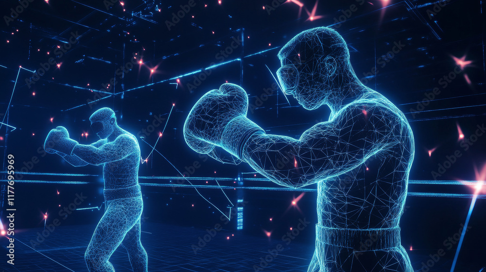 Hologram boxers. Boxing of polygons, triangles of points and lines ...