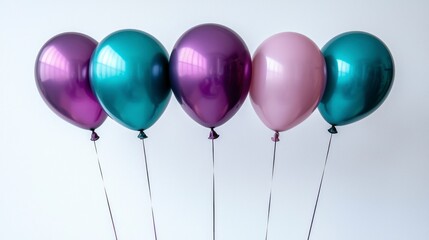 Poster - Five metallic balloons in purple, teal, and pink against a white background.