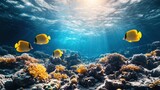 Coral reef and fish in blue ocean with sun rays.