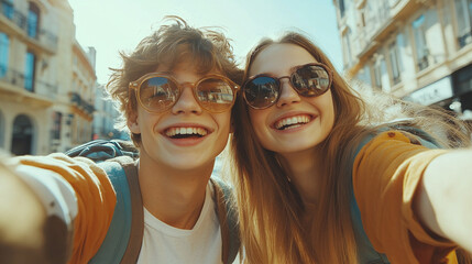 Happy teenagers on an excursion, traveling with backpacks, taking selfie and smiling, young student tourists enjoying a fun summer vacation, capturing joyful moments on their journey in the city.