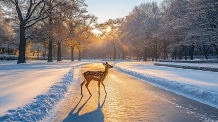 Poster - Deer on frozen path in snowy winter park at sunrise.