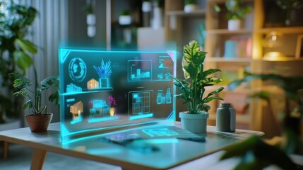Poster - Modern Workspace Featuring Holographic Display with Data Analytics, Plants, and Bright Interior Design for Innovative Technology Environments