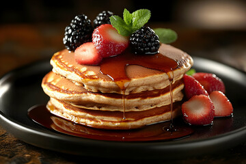 Wall Mural - Close-up of a Stack of Pancakes Topped with Strawberries, Blackberries, and Maple Syrup