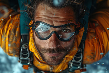 Fototapete - Male skydiver flying with parachute in the sky, extreme sport ai generative image