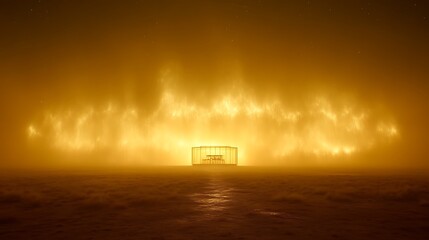 Wall Mural - Glass Structure Amidst Fiery Orange Fog At Night