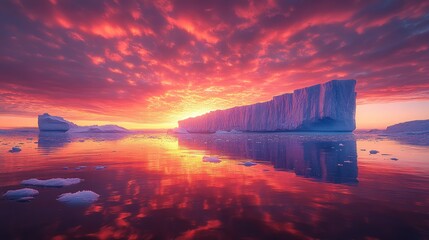 Poster - Dramatic sunset over icy landscape, with vibrant colors reflected in the calm water.