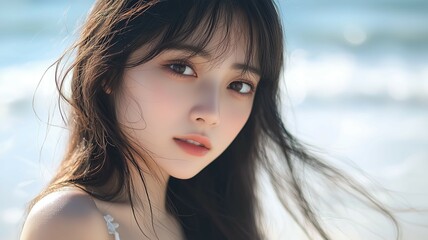 浜辺でドレスを着た日本人美女