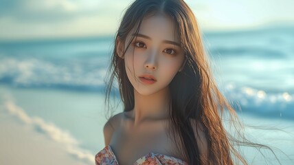 浜辺でドレスを着た日本人美女