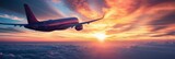 An airplane flying against a stunning sunset sky, symbolizing adventure and the joy of exploration.