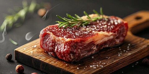 Wall Mural - This image features a juicy steak garnished with herbs on a wooden board, evoking culinary temptation.