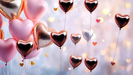 Wall Mural - Heartfelt Balloons: A whimsical cluster of pink and gold heart-shaped balloons soar against a backdrop of shimmering lights, evoking a tender and romantic ambiance.