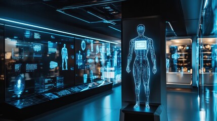 Poster - Futuristic Display of Human Anatomy with Neon Backlighting and Interactive Screens in a Modern Science Exhibition Space
