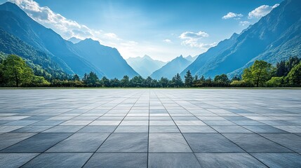 Wall Mural - Empty square floor and mountain with sky.