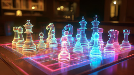 Poster - hologram chess. a holographic projection of 3d chess. flickering energy flux of particles. scientifi