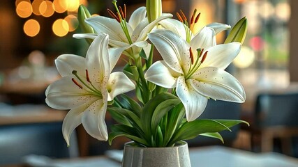 Poster - A bouquet of elegant white lilies is displayed prominently on a wooden table in a stylish restaurant. The warm, inviting atmosphere sets the perfect backdrop for a holiday gathering.