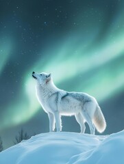 arctic wolf under aurora borealis: a solitary arctic wolf stands tall against a breathtaking backdro