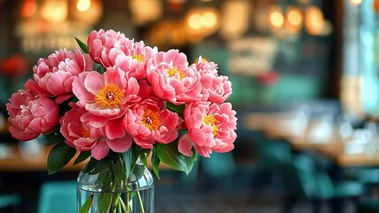 Poster - A vibrant bouquet of pink peonies is displayed in a glass vase on a wooden table within a lively restaurant. The setting offers a festive atmosphere perfect for a holiday celebration.