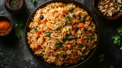 Wall Mural - Delicious Vegetable Fried Rice in a Brown Bowl