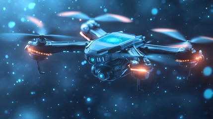 Poster - Hologram drone. Holographic projection mini helicopter. Flickering energy flux of particles. Scientific transport design.