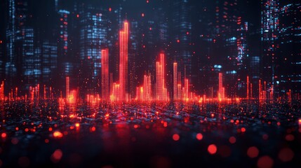 Poster - Glowing red digital cityscape at night.