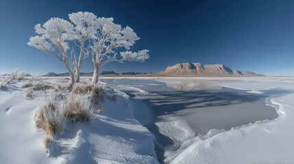 Poster - Frozen desert landscape with a frosted tree by a frozen lake.