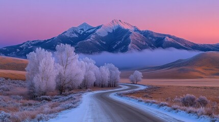 Poster - Frosty trees and winding road at sunrise with majestic mountain.