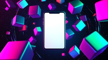 Wall Mural - Blank smartphone surrounded by colorful 3D cubes in dynamic abstract digital space