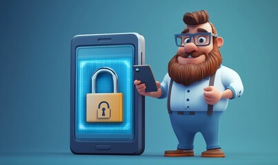 Bearded man secures phone, digital lock. Cybersecurity concept, website graphic