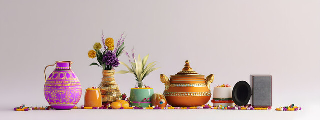 Wall Mural - product display, pongal festival in white background with pongal pot, sugar can, bull, speaker, diya and tradition design, 3d render