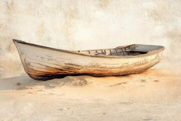 Poster - A weathered wooden boat rests on a sandy beach against a textured wall, evoking a sense of age and tranquility.