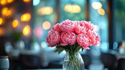 Poster - A stunning bouquet of pink peonies is placed in a clear vase on a table in a lively restaurant. The ambiance is warm and inviting, perfect for a holiday gathering or event.