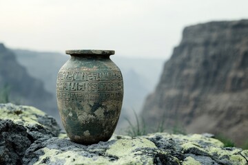 Ancient Egyptian-style vase rests on a rocky outcrop overlooking a vast, misty landscape.