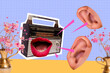© deagreez - 3d sketch trend art collage of faceless mouth sing boombox recorder ear listen gossip brainwash melody track radio device