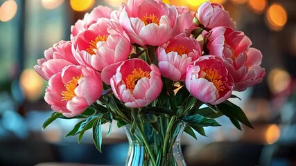 Poster - Vibrant peonies in shades of pink are displayed in a glass vase at a restaurant. The inviting ambiance emphasizes the festive atmosphere, perfect for a holiday celebration with loved ones.