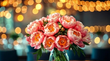 Poster - A vibrant bouquet of peonies sits elegantly on a table in a restaurant.