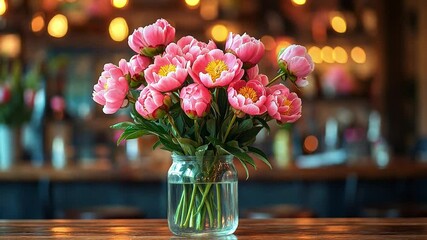 Poster - A stunning bouquet of pink flowers sits in a clear jar on a wooden table. The background features a cozy restaurant atmosphere with warm lights, ideal for a holiday or special occasion.
