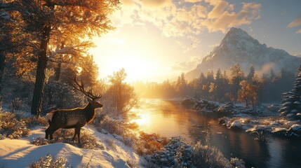 Poster - Majestic elk at sunset in snowy mountain landscape.