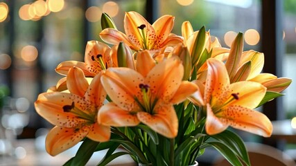 Poster - In a beautifully arranged restaurant, a vibrant bouquet of orange lilies captures attention. The warm ambiance is enhanced by soft lighting, making it perfect for a holiday celebration.